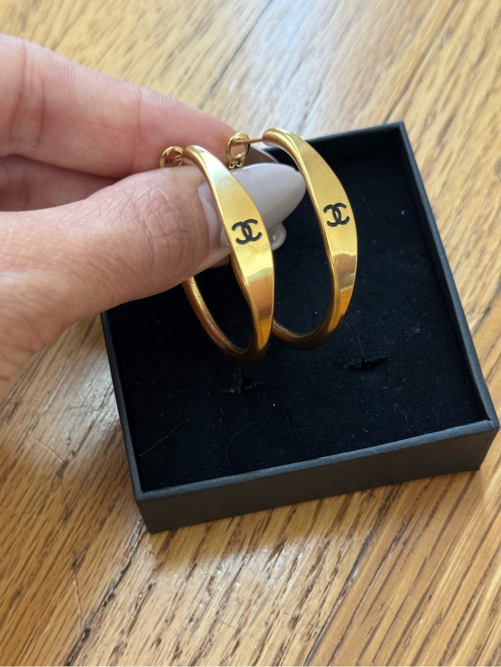 Gold Hoop Earrings with Black Logos